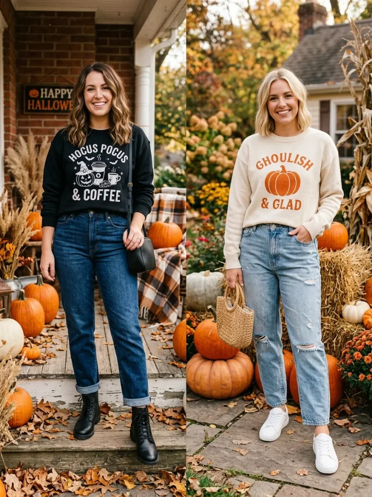 Halloween Crewneck Outfits With Boots and Sneakers