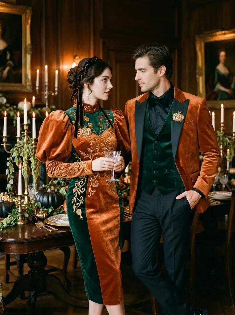 14. Elegant Velvet Pumpkin Couple