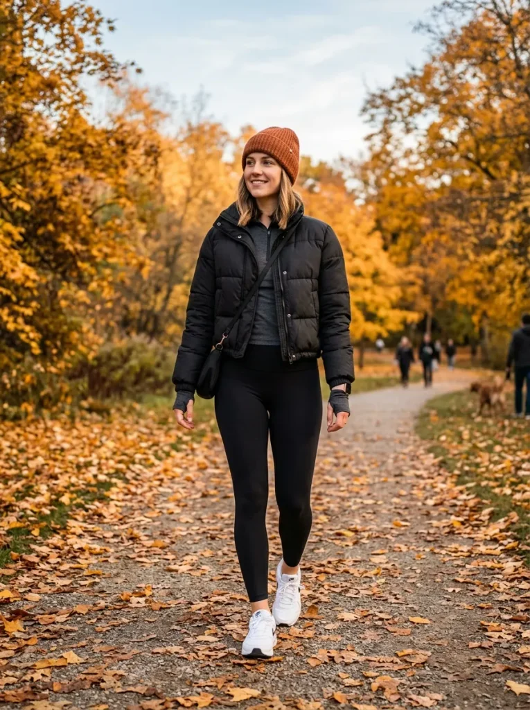 Black Puffer and Orange Beanie