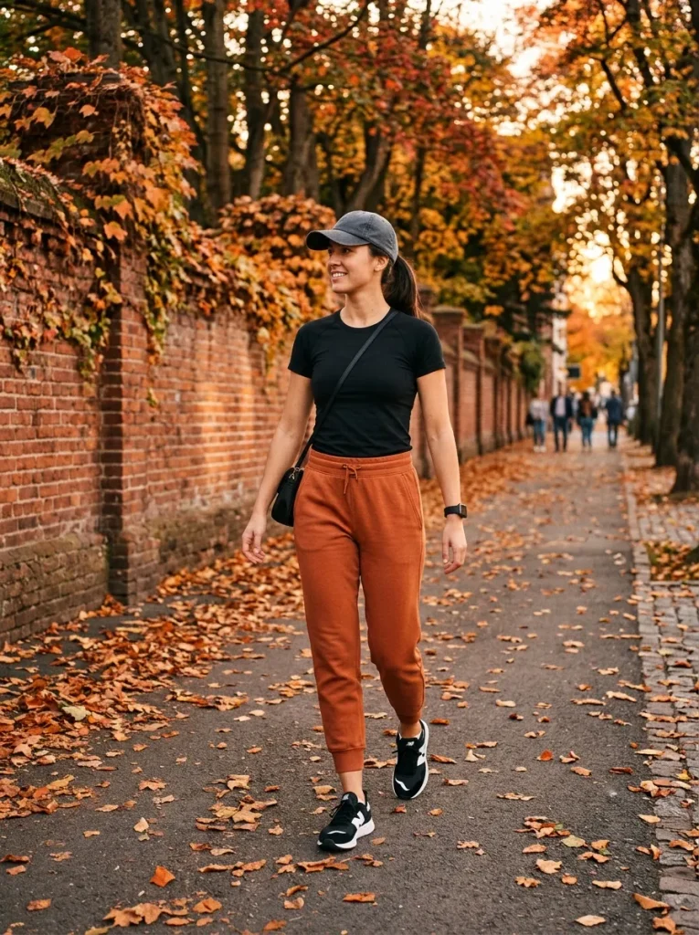 Black Tee and Rust Joggers